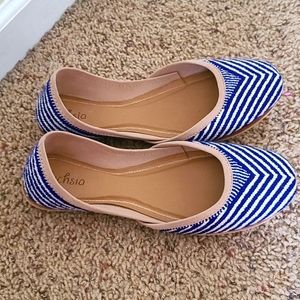 Handmade flats, knitwovwn material blue and white size 11 fits like a 9.5 10